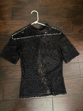 Temperley London Black Lace Short-Sleeve Mock Neck Top 100% Silk (fits like XS)